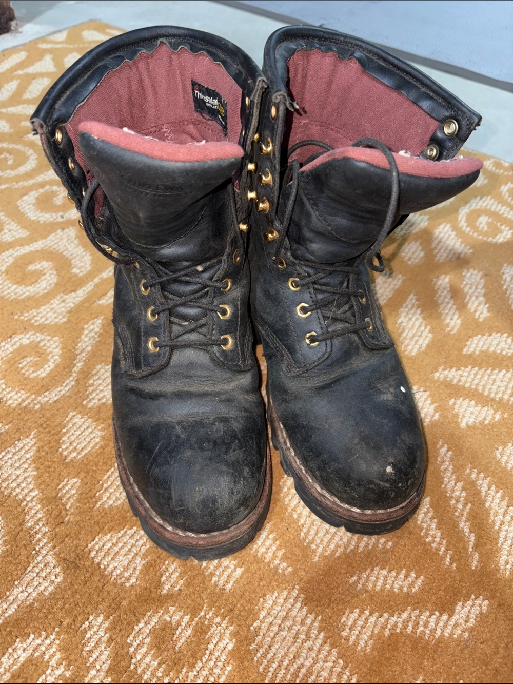 Chippewa Women’s  Black Leather Work Boots with Red Interior